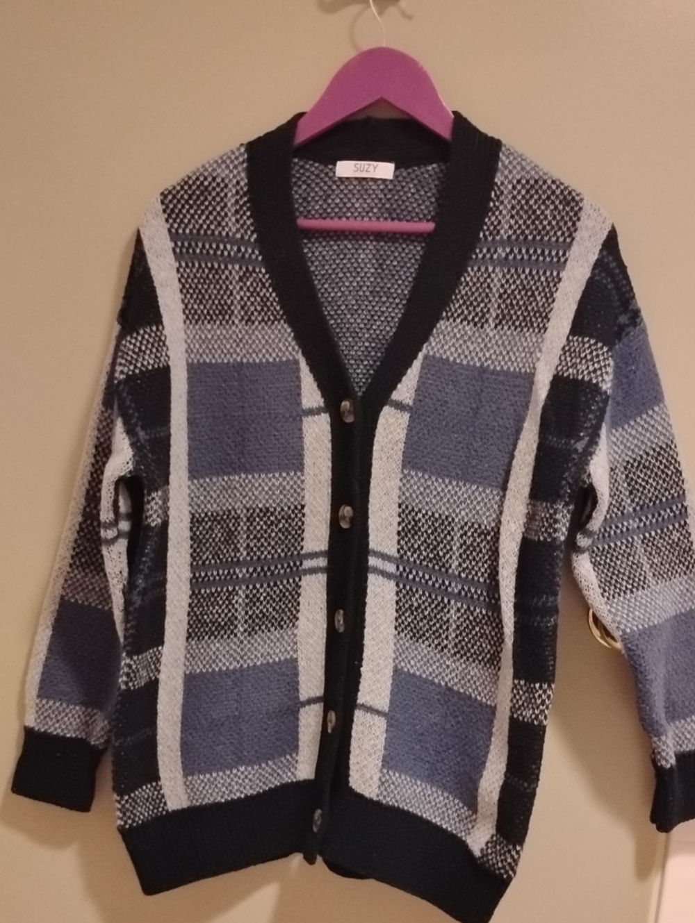 Womens Blue & Black Plaid Knit Cardigan Sweater